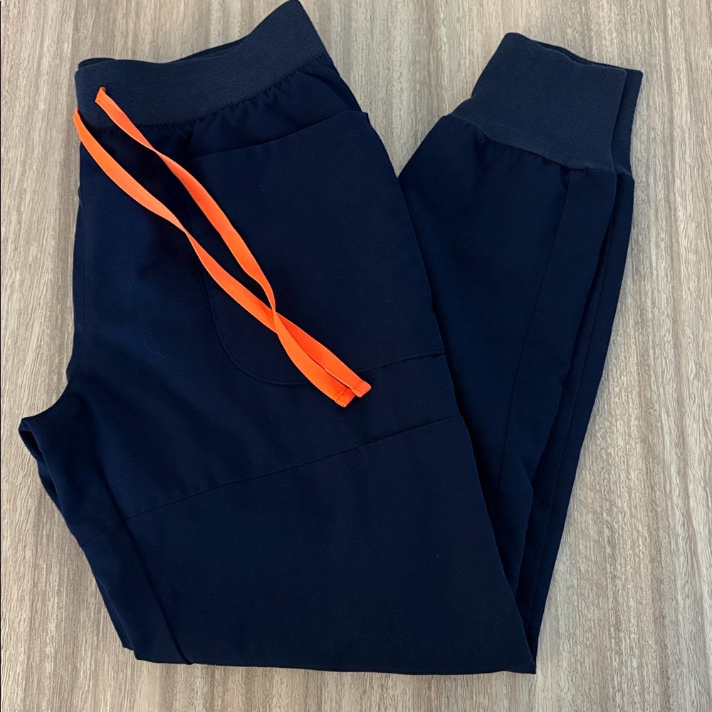 FIGS High Waisted Zamora Jogger Scrub Pants Size Small Navy Blue Orange Tie